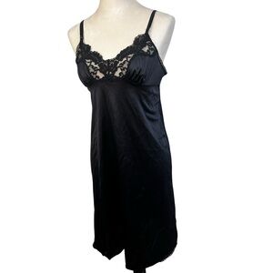 Black Lace Satin Slip Dress Vintage Boudoir Lingerie Vassarette Size 34 / Small